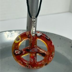 Colorful Red Peace Sign Pendant Necklace and Earrings NWOT